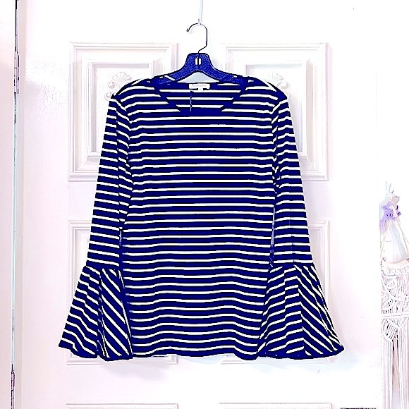 🆕Classy_CHIC »B&W Striped Long »Fit&Flare« »Bell-Sleeves« Stylish Ladies Top LG - Picture 10 of 16